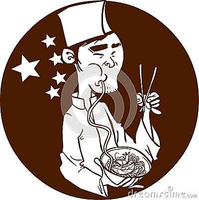 Chinese Chef holding a bowl of Chinese Noodle & Spring Roll Vector Illustration