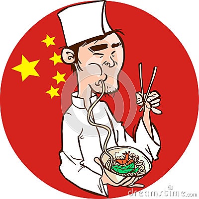 Chinese Chef holding a bowl of Chinese Noodle & Spring Roll Vector Illustration