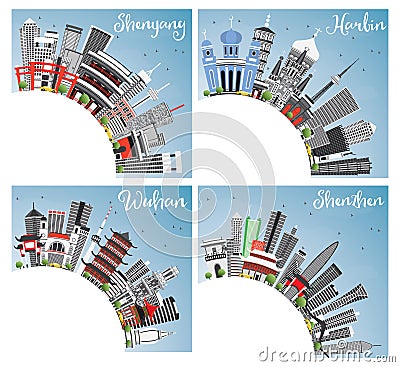 Chinese Cities Set. Harbin Wuhan Shenzhen Shenyang City Skyline with Gray Buildings, Blue Sky and Copy Space Stock Photo