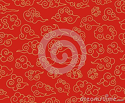 Chinese clouds pattern. Traditional asian ornament. Red decorative swirling sky cloud in japanese style vector seamless Vector Illustration