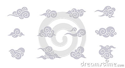 Chinese clouds set isolated on a white background. Simple cute cartoon design. Modern icon or logo collection. Realistic elements Vector Illustration
