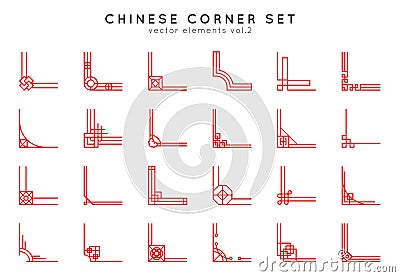 Chinese corner set in vintage style on white background. Traditional asian ornaments for your design. Vector red Vector Illustration