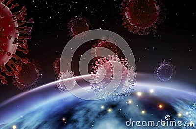 Chinese coronavirus COVID-19 under the microscope. planet earth, outer space, 3d illustration Cartoon Illustration