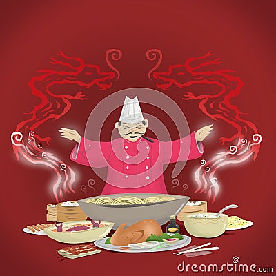 Chinese Cuisine and Chef with Smoke forming into Dragons. Stock Photo