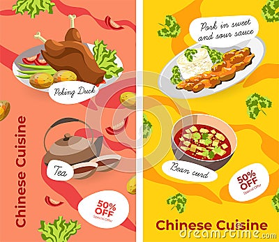 Chinese cuisine, dishes and meals on 50 off sale Vector Illustration