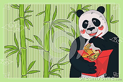 Chinese cuisine noodle box banner concept. China panda eat with chopsticks national meal wok in red cardboard package in Vector Illustration