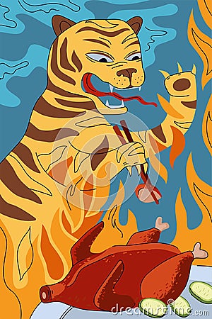 Chinese cuisine peking duck poster concept. China national fire tiger eating with chopsticks roasted beijing spicy meat Vector Illustration