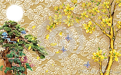 Chinese 3D Wallpaper mural with beige background . tree and old Chinese house . birds and golden tree flowers Stock Photo