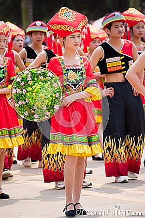 Chinese dancing girl in Zhuang ethnic Festival Editorial Stock Photo
