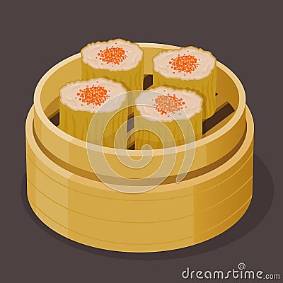 Chinese Dim Sum Steamed Shumai With Fish Roe Vector Illustration