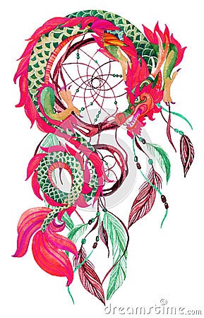 Chinese Dragon and dreamcatcher card. Cartoon Illustration