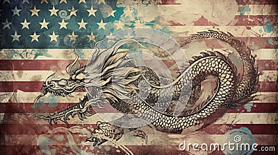 Chinese dragon over the flag of United States of America. China overtaking US economy. Generative Ai illustration Cartoon Illustration