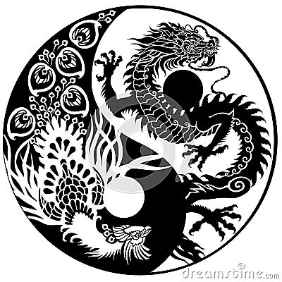 Chinese dragon and phoenix Feng Huang. Yin Yang symbol Vector Illustration