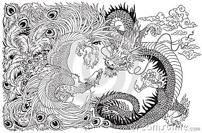 Chinese dragon and phoenix playing a pearl black white Vector Illustration