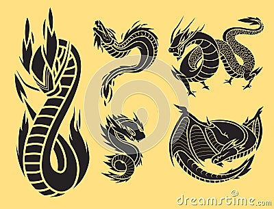 Chinese dragon silhouettes tattoo mythology tail monster magic icon asian animal art vector illustration. Vector Illustration