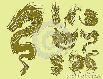 Chinese dragon silhouettes tattoo mythology tail monster magic icon asian animal art vector illustration. Vector Illustration