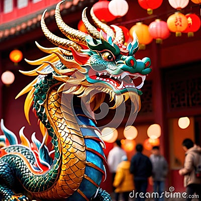 Chinese dragon statuettes, colorful representation of Chinese mythology creature Stock Photo