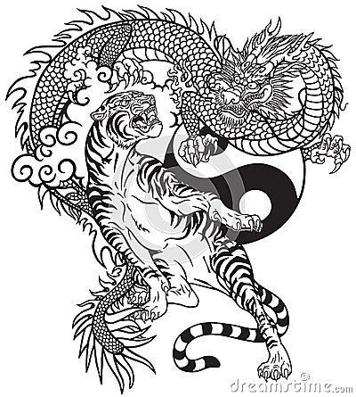 Chinese dragon versus tiger black and white tattoo Vector Illustration