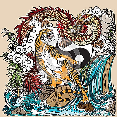 Chinese dragon versus tiger in the landscape Vector Illustration