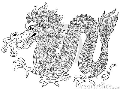 Chinese dragon in zentangle style. Adult antistress coloring page Vector Illustration
