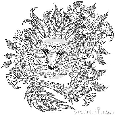 Chinese dragon in zentangle style for tatoo. Adult antistress coloring page. Black and white hand drawn doodle for coloring book Vector Illustration