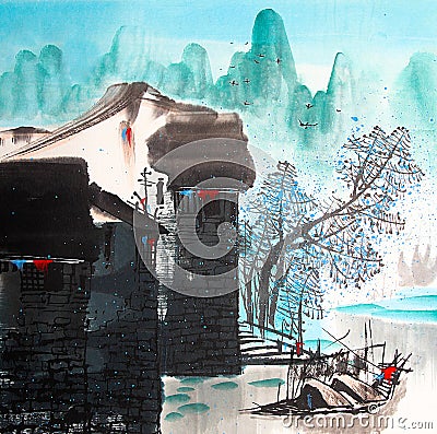 Chinese drawing water town Stock Photo