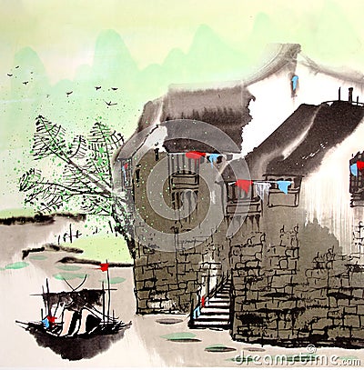 Chinese drawing water town Stock Photo