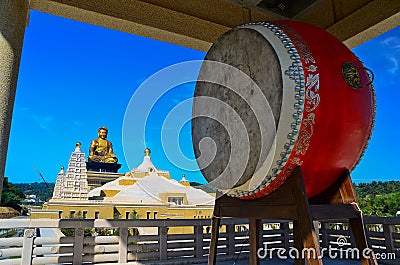Chinese drum and Buddhist temple Stock Photo