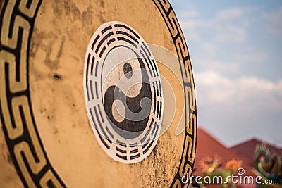 Chinese drum Yin Yang in Chinese temple Stock Photo