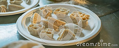 Chinese dumplings Jiaozi on plastic plate Stock Photo