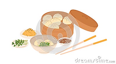 Chinese dumplings served in traditional box with sesame sauce bowl and chopsticks. Asian dough food with green filling Vector Illustration