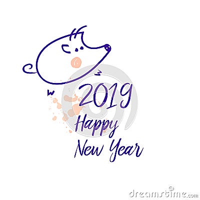 Chinese earth boar of horoscope sign. Happy new year. Sketch blu Cartoon Illustration