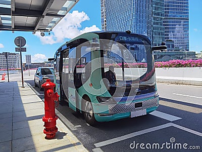 Chinese Electric Car Hengqin Port Driverless Bus Station GPS Auto Pilot Van Unmanned Vehicle Chimelong Ocean Kingdom Route Editorial Stock Photo