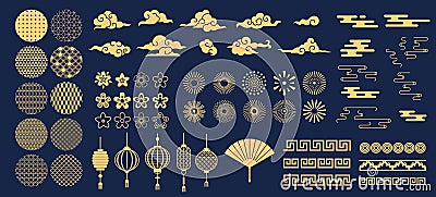 Chinese elements. Asian new year gold decorative patterns and lanterns, flowers, clouds and ornaments traditional Vector Illustration