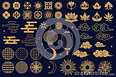 Chinese elements. Asian new year gold decorative traditional oriental symbols, festive lanterns, lotus and sakura Vector Illustration