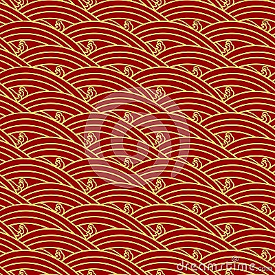 Chinese ethnic seamless pattern . Oriental vintage background, red golden sea wave. Vector Illustration