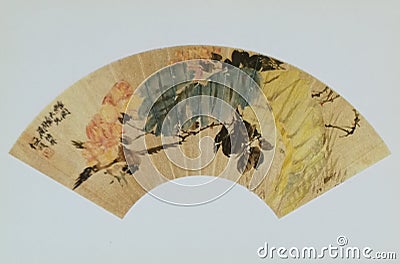 Chinese Fan Painting Ren Bonian Ren Yi Flower Bird Brush Paintings Watercolor Prints Song Dynasty Calligraphy Poems Seal Stamp Editorial Stock Photo