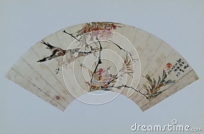 Chinese Fan Painting Ren Bonian Ren Yi Flower Bird Brush Paintings Watercolor Prints Song Dynasty Calligraphy Poems Seal Stamp Editorial Stock Photo