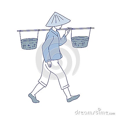 Chinese farmer carries basket on his shoulder. Man labor clothes and traditional round hat with fields. Vector line art Vector Illustration