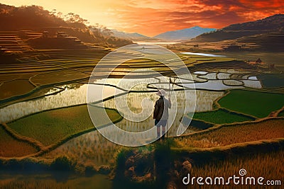 Chinese farmer rice field. Generate Ai Stock Photo