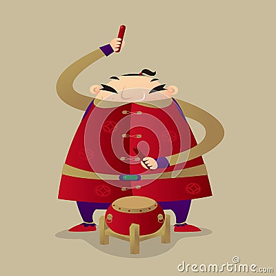 A Chinese fat man playing drum Vector Illustration