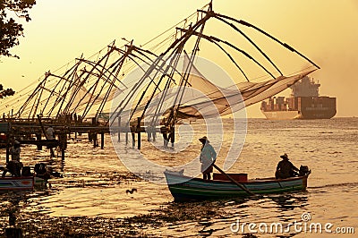 Chinese Fishing Nets in Cochi, Kerala, India - in colour at dusk Editorial Stock Photo