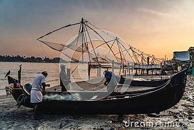 Chinese fishing nets during the Golden Hours at Fort Kochi, Kerala, India sunrise team Editorial Stock Photo