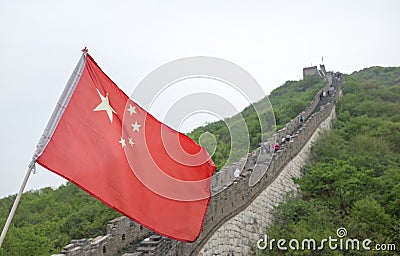 Chinese flag on the Great Wall of China Stock Photo