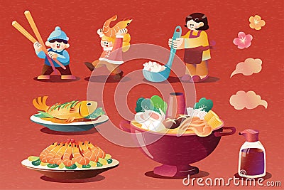 Chinese food and Asian family set Vector Illustration