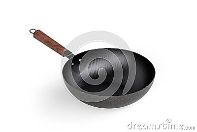 Chinese food frying pan - wok pan with flat bottom and wooden handle isolated on white background Stock Photo