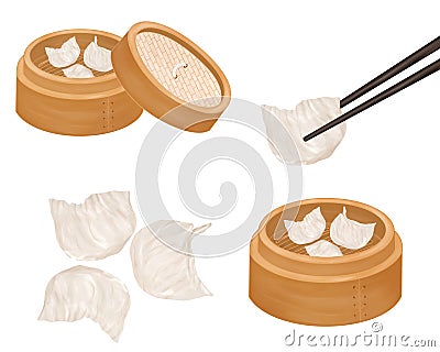 Chinese food style, Top view of Ha Gow or Chinese dumpling With Chopstick on white background Stock Photo