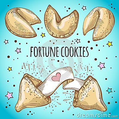 Chinese fortune cookies set. Sketch style vector illustration Vector Illustration