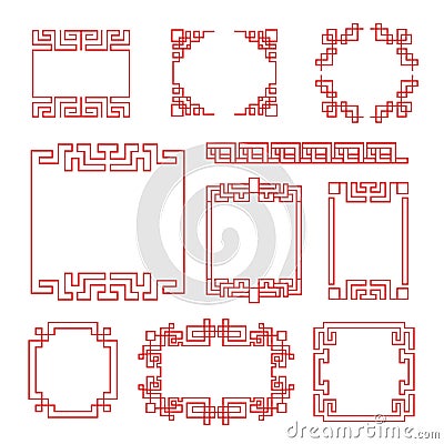 Chinese frames. Asian new year decorative traditional borders, oriental red line retro pattern for image frame in Vector Illustration