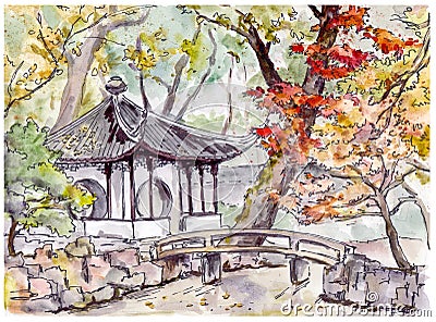 Chinese garden with bridge and pagoda pavilion in Suzhou , China Stock Photo